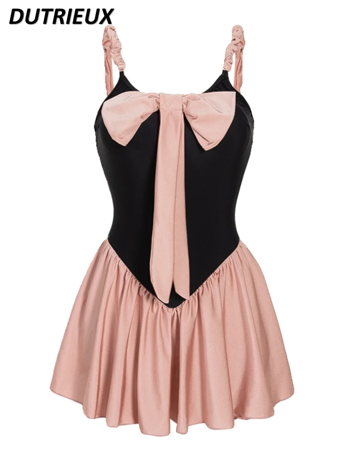 2024 Summer New Swimsuit Female Black Pink Bowknot Pure Desire Girl Dress Type Anti-Exposure Cute Slim-Fit Hot Spring Swimwear