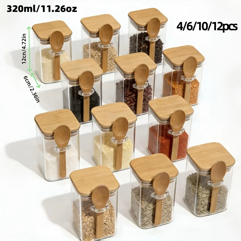 320ml Square Sealed Glass Storage Jar with Bamboo Lid and Spoon - 4/6/10/12Pcs - Borosilicate Glass Food Container for Kitchen Spices, Sugar, Coffee, Tea