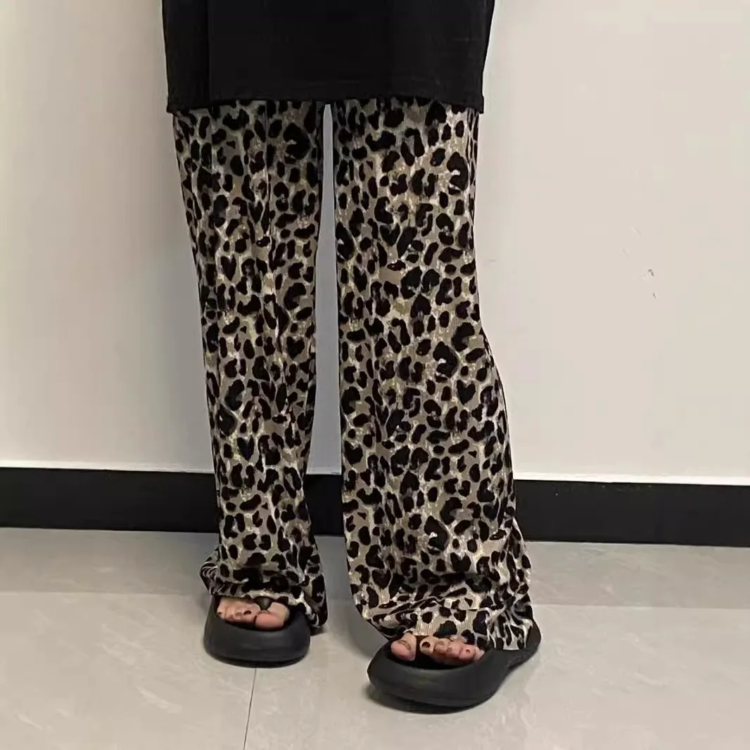 American Retro Leopard Print Wide Leg Pants Drawstring Casual Thin High Waist Draping Straight Leg Ice Silk Floor-Length Pants