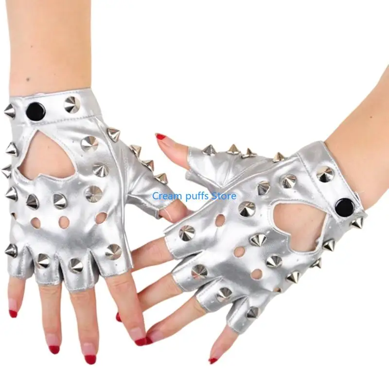 50LE Set of 1 Pair Stylish PU Leather Half Finger Gloves Decorated With Studs And Rivets For Dancing