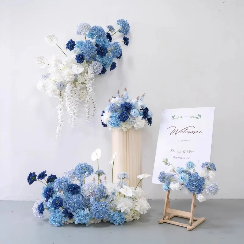 white Blue Rose hydrangea Wedding Table Decor Floral Arrangement Event Backdrop Arch Hanging Flower Floor Floral Party Props