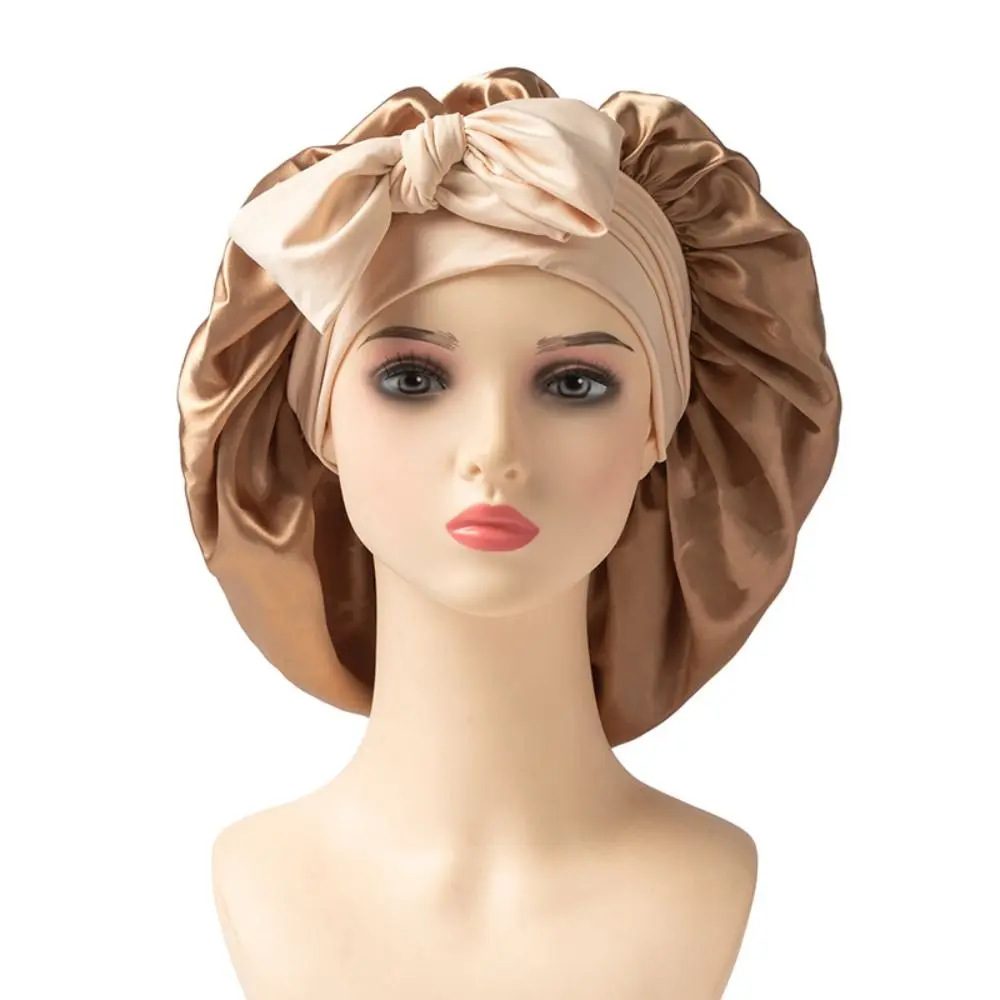 Satin Material Sleeping Bonnet Adjustable Strap Solid Color Night Sleep Cap Wide Brim Design Soft Protective Hair Bonnet
