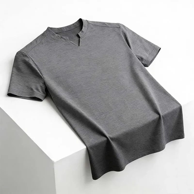 Men's Summer Essential Gray Short Sleeve T-shirt Stand Collar V Notch Casual Top for Daily Life
