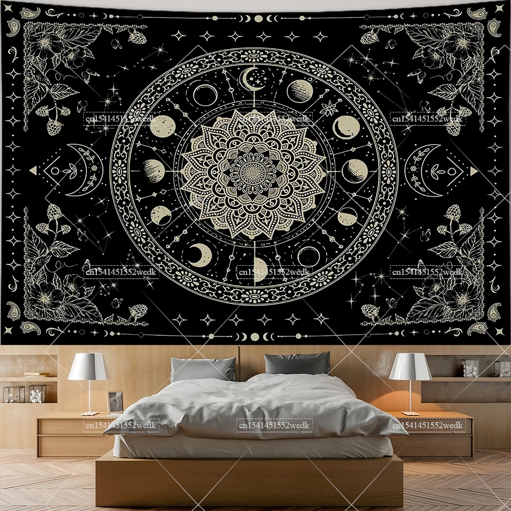 Boho Floral Mandala Tapestries Indian Bohemian Flower Wall Tapestry Aesthetic Living Room Decor Sun Moon Medallion Tapestrys