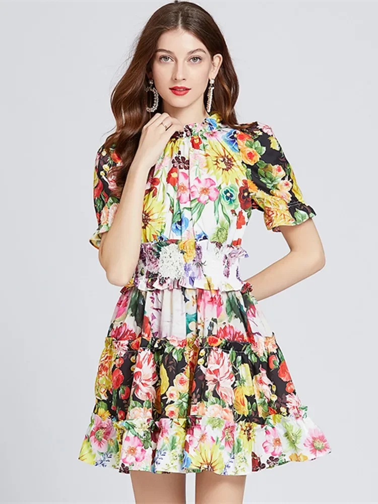 

2023 New Summer Vacation Ruffled Collar Short Sleeve Beach Mini Dress Women Floral Print Elastic High Waist Female Vestidos