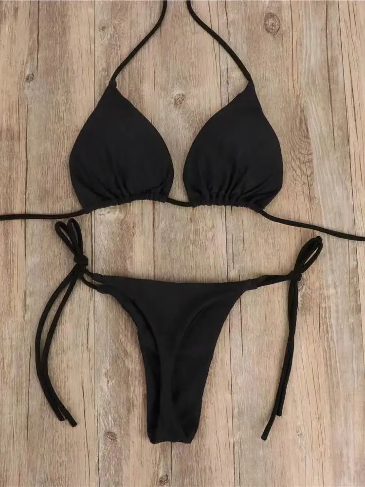 Kobiety seksowne stringi Bikini Set boczne wiązanie na szyi stroje kąpielowe damski pasek z rozcięciem regulowany bandaż styl brazylijski kostium kąpielowy strój kąpielowy