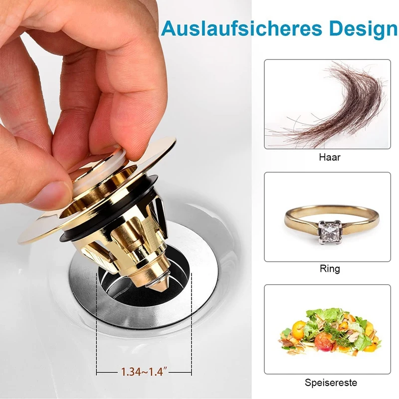 Drain Fitting Washbasin, Universal Pop-Up Valve Plug, Sink, Brass Anti-Clogging Strainer, Sink Plug, Sink Drain (Gold)