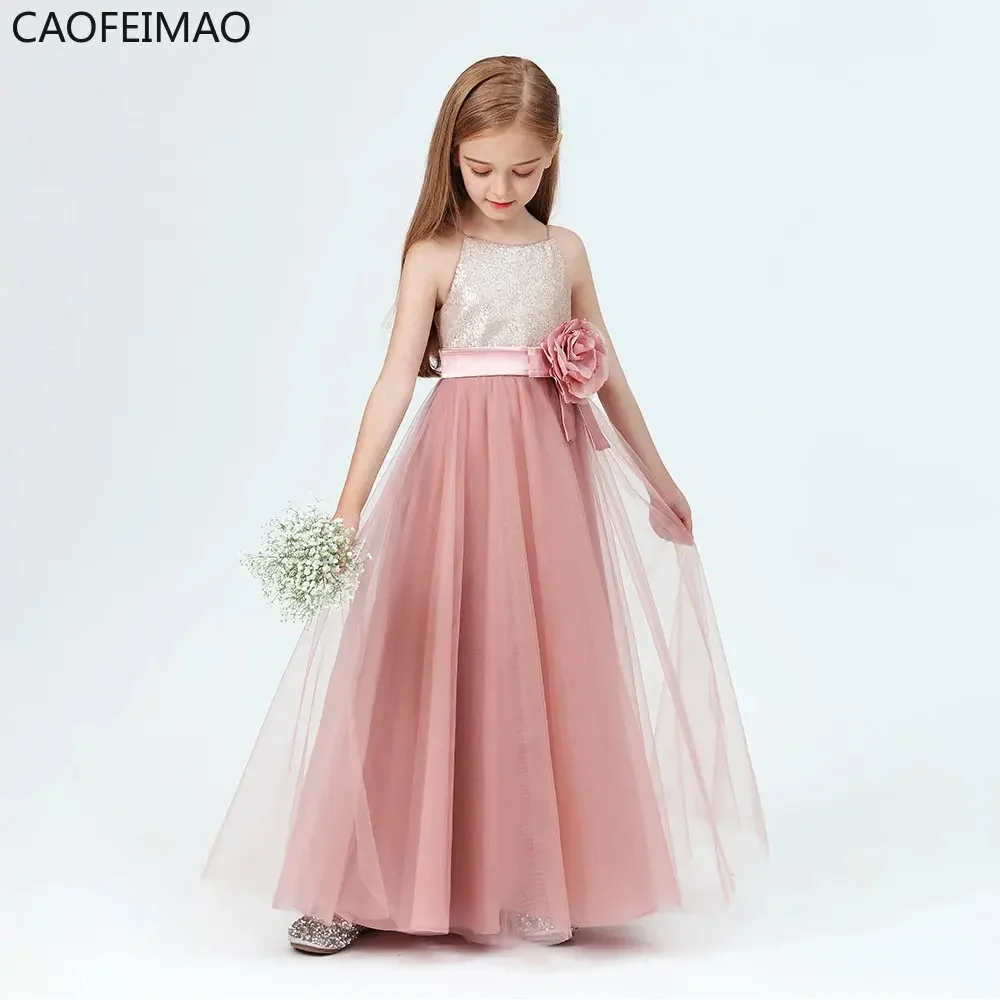 Teen Girl Party Dress for Wedding Shiny Princess Dress Girl Bridesmaid Tulle Sleeveless Long Dress Child Ceremony Event Gowns