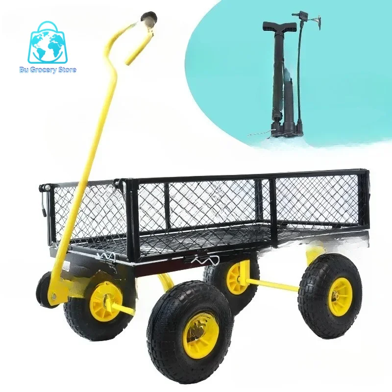 Mesh Utility Cart, Hand-Pulled Trailer, Folding Handcart, Removable Side Panels