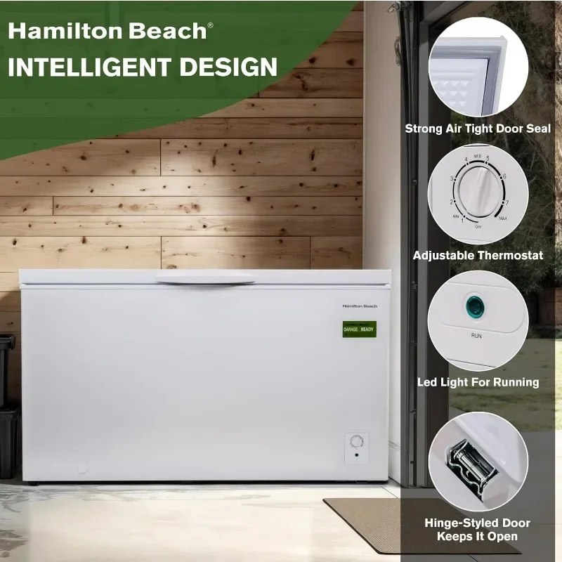 14 cu ft Chest Freezer - White, Large Storage for Families, Space-Saving Flat Back, Front Drain, Garage Ready- By Hamilton Beach