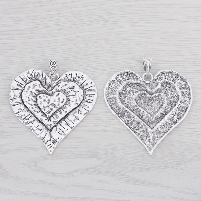 2 x Tibetan Silver Mixed Bohemia Large Hammered Love Heart Filigree Charms Pendants For Necklace Jewelry Making Findings