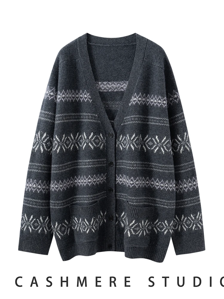 

TLOML Women's 100% Cashmere Sweater V-neck Cardigan Vintage Style Jacquard Cashmere Knitwear Thickness Jumper Autumn Winter Tops