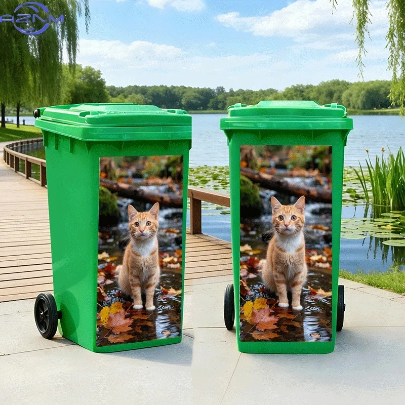 [2D Flat Printing]1pc Trash Can Sticker[Title Translated, Do Not Change] Autumn Appreciation with Orange Cat by The Stream The