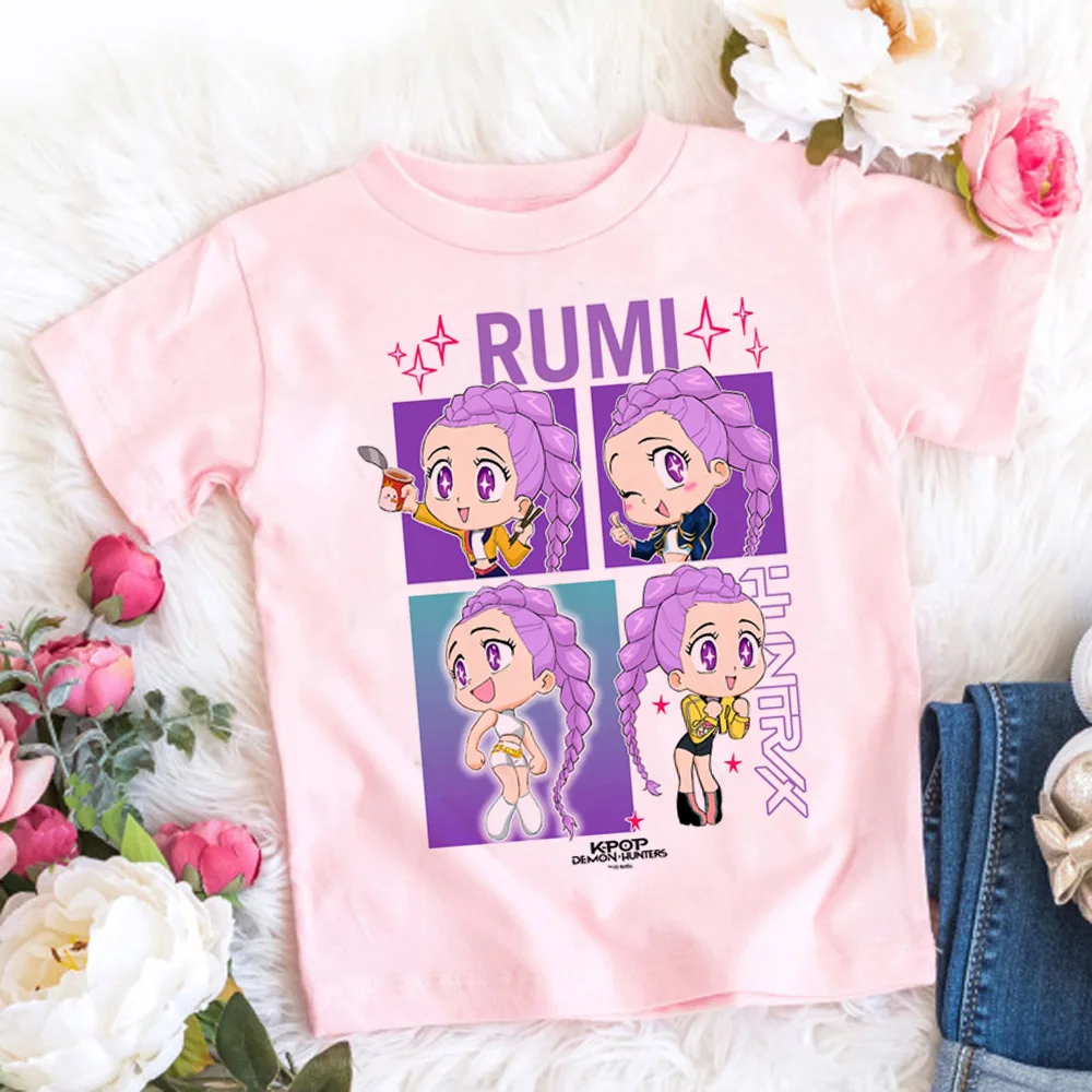 Camiseta Holgada de Verano para Niños con Estampados de Anime y Dibujos Animados, Estilo Coreano Pop Demon Hunter, 100% Algodón, a la Moda