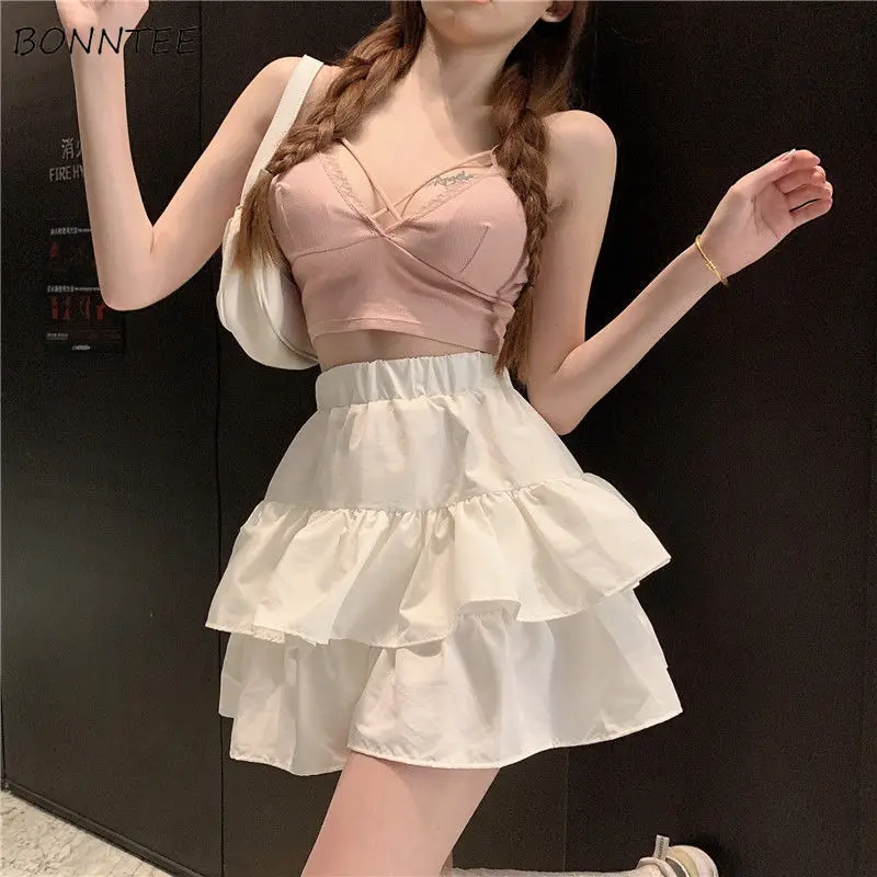 

Mini Skirts Women Solid Ruffles Korean Style Elegant Chic A-line Trendy Female Ulzzang Ins Summer New All-match Leisure Faldas