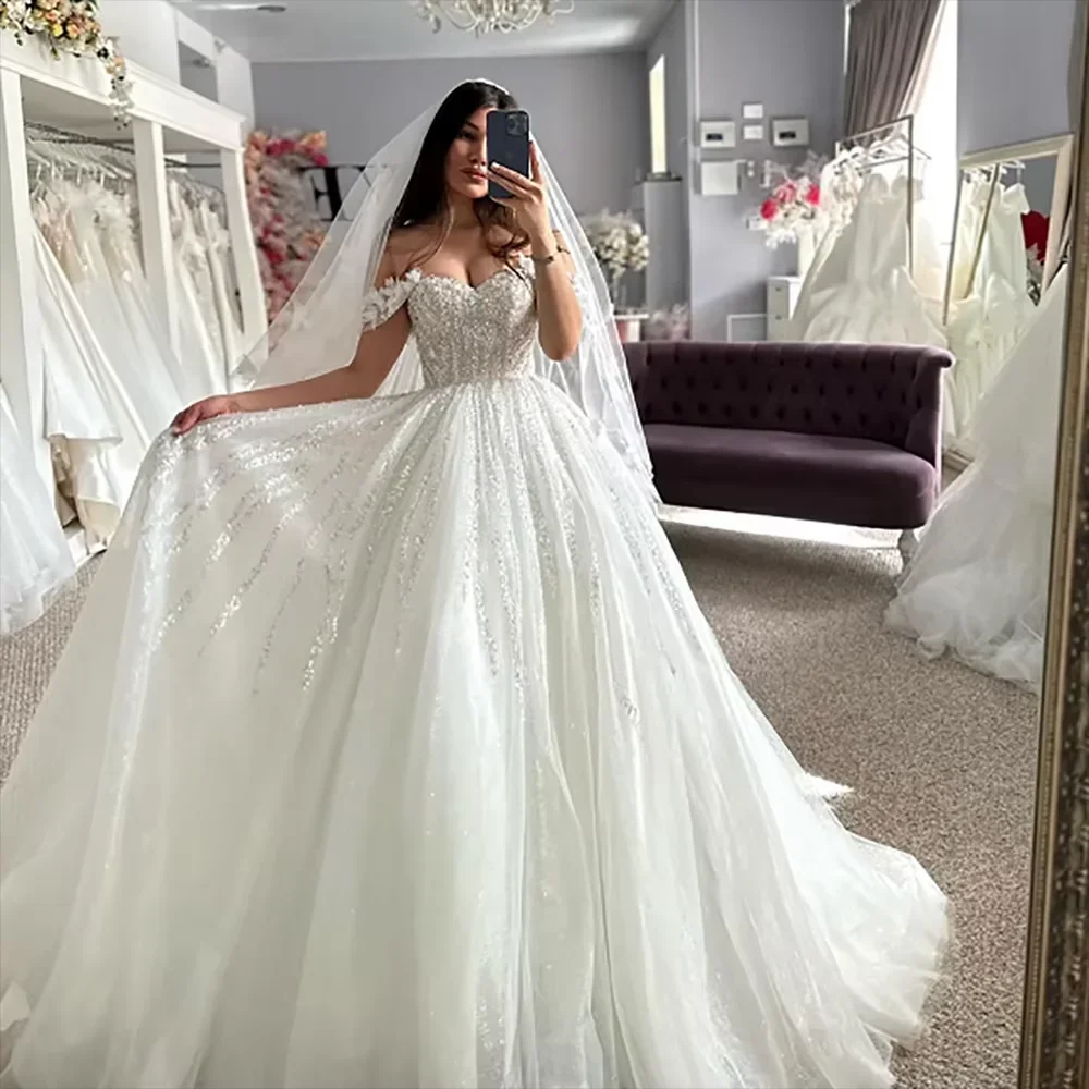 Customzied  Luxury Glitter Lace Wedding Dress A-Line Shiny Off Shoulder Sweetheart Bridal Gown Princess Sparkly Bride Gown