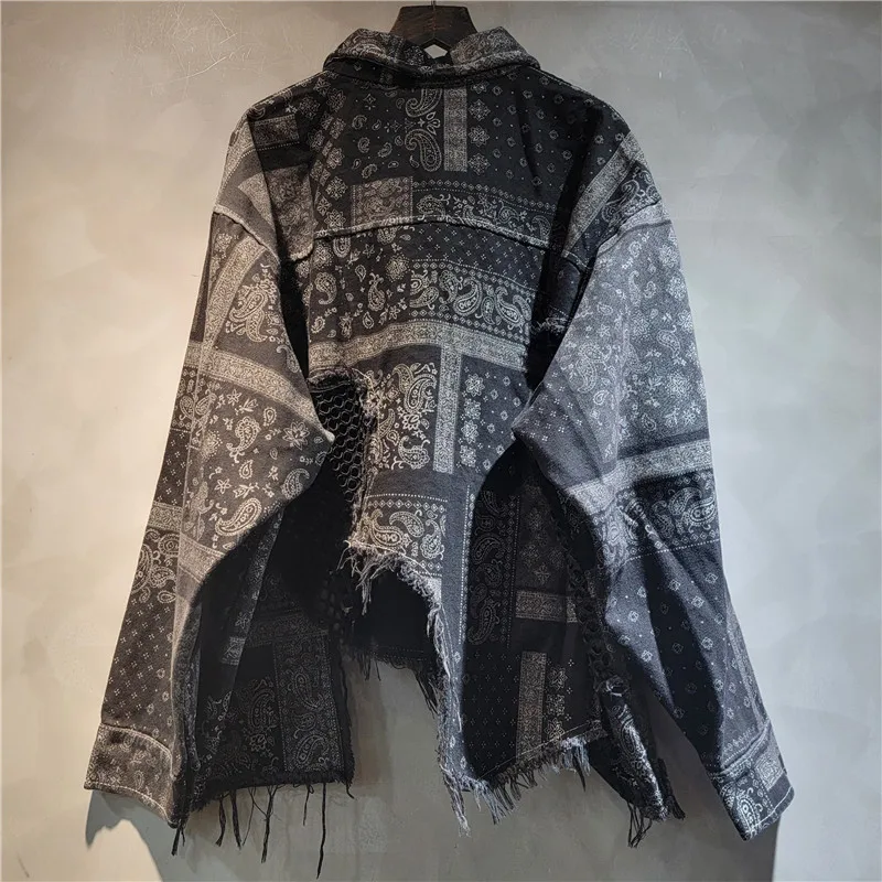 ヨーロッパのトレンディなクールなカシュー花柄デニムスプライシングラペルファッション長袖ジャケットとハーランパンツセット女性用