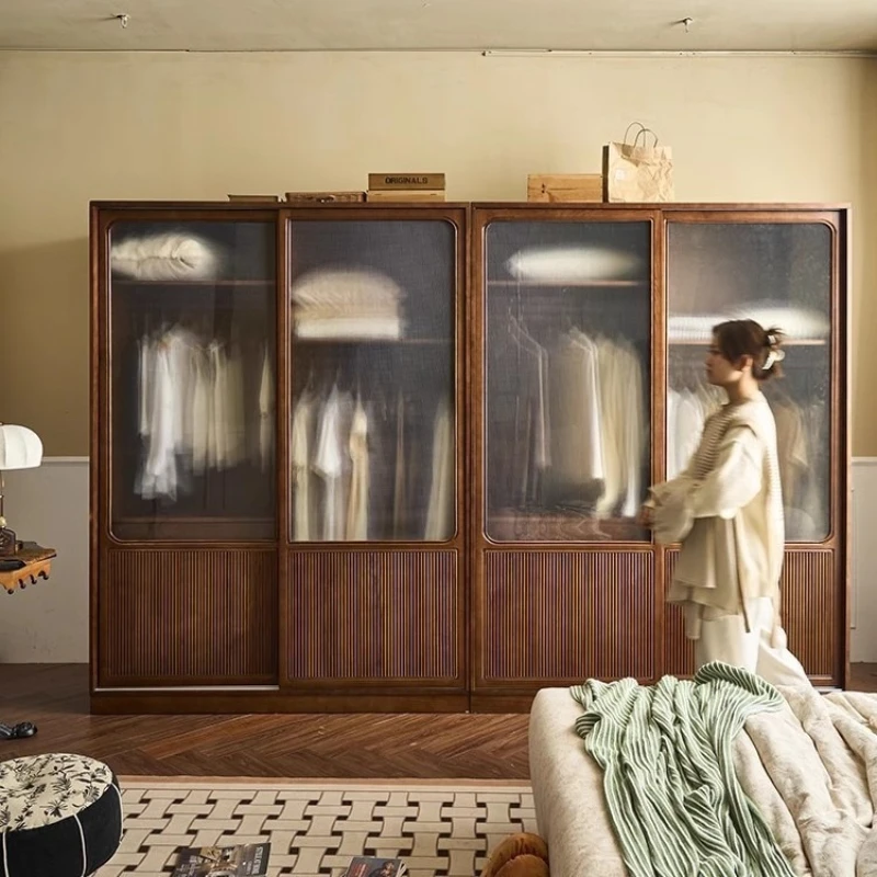 

French vintage solid wood wardrobe home sliding door sliding door wardrobe combination bedroom vintage style storage cabinet