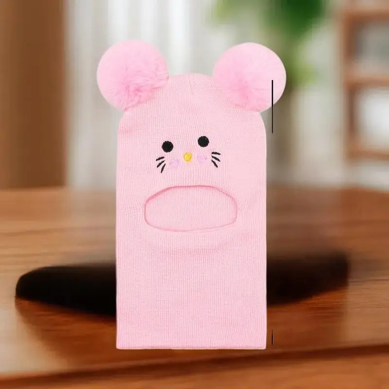 قطعة واحدة من خوذة الرأس المزدوجة مع تطريز كرتوني لطيف، محبوكة لتغطية كاملة للوجه والرقبة، مقاومة للرياح والبرودة