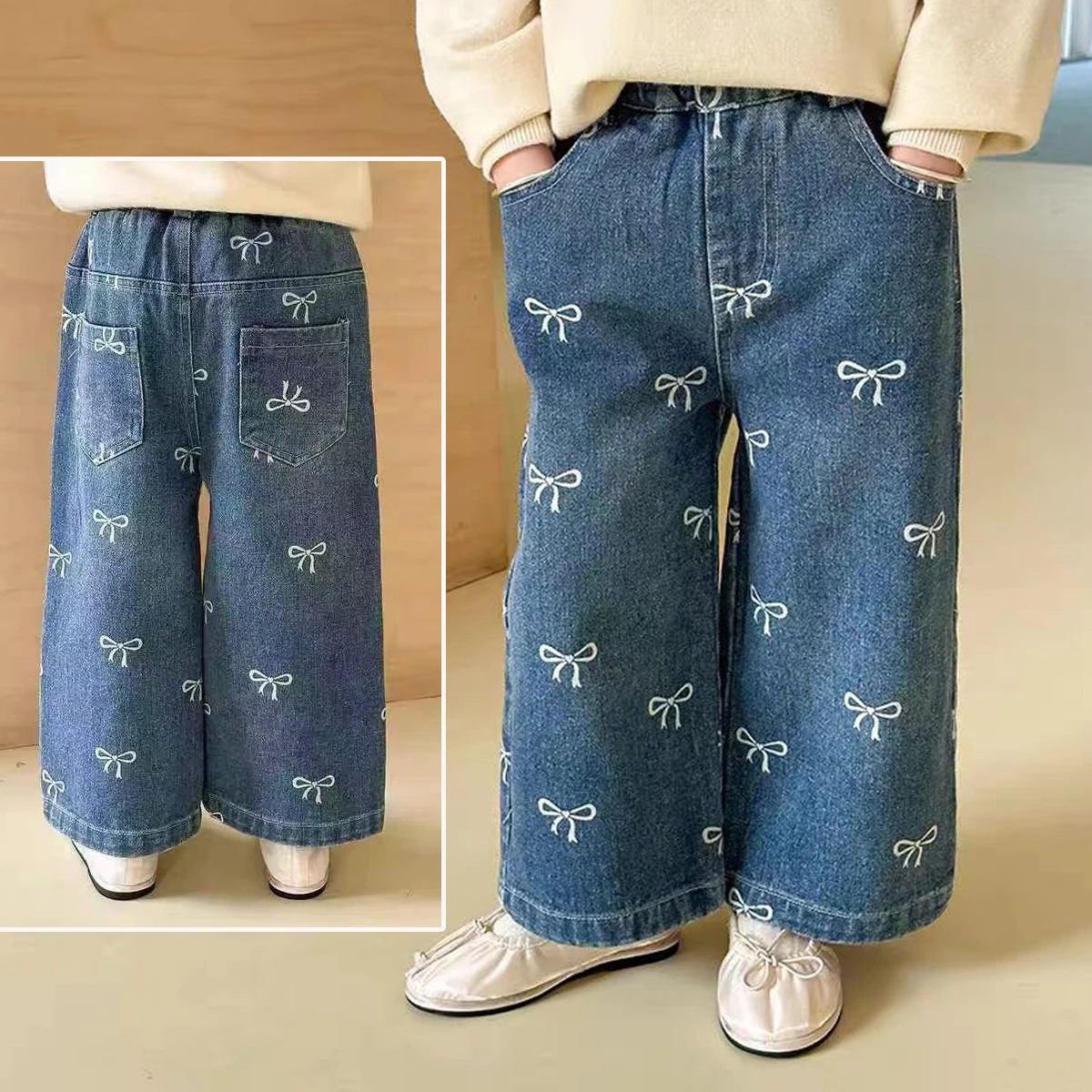 IENENS Girls Spring Autumn Jeans Children Print Bow Straight Pants Kids Trends Wide Leg Trousers Baby Casual Baggy Clothes