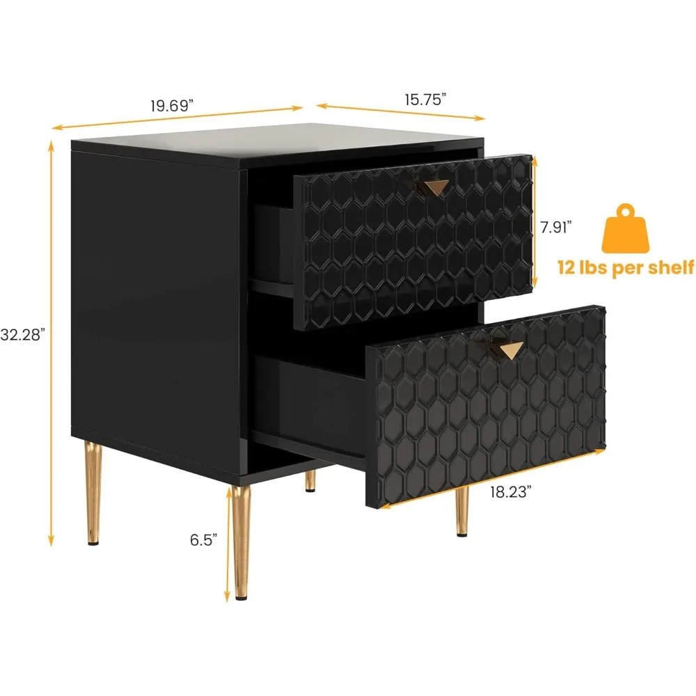 منضدة سوداء حديثة مع درج، طاولة بجانب السرير مصنوعة من الخشب، وخزانة صغيرة أنيقة بلمسة نهائية لامعة