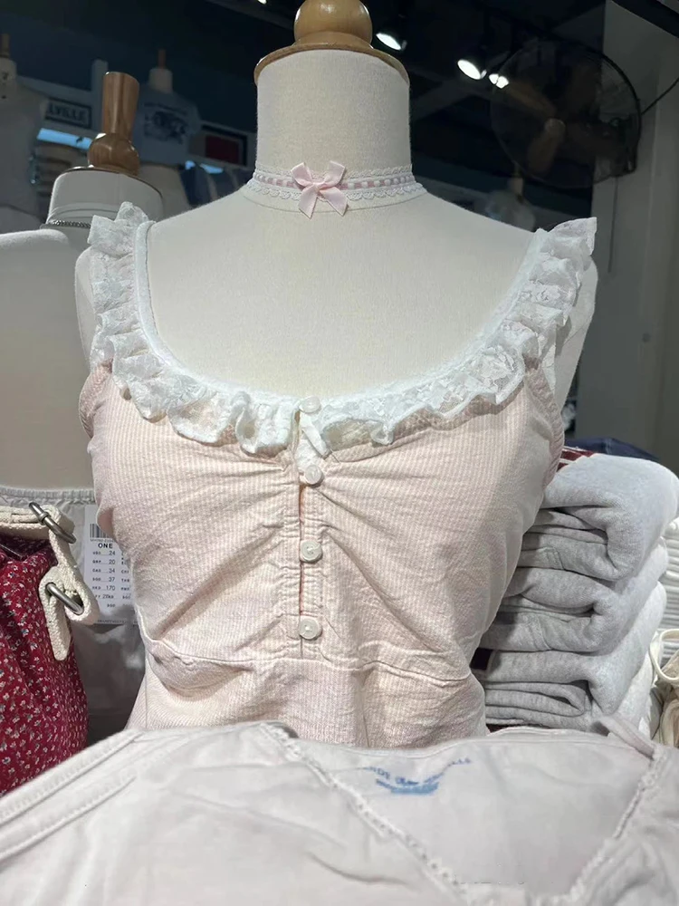 New Pink Striped Tank Shorts 2 Piece Sets Women V Neck Lace-up Camisole+straight Sweatshorts Vintage Sweet Cotton Home Sets Y2k