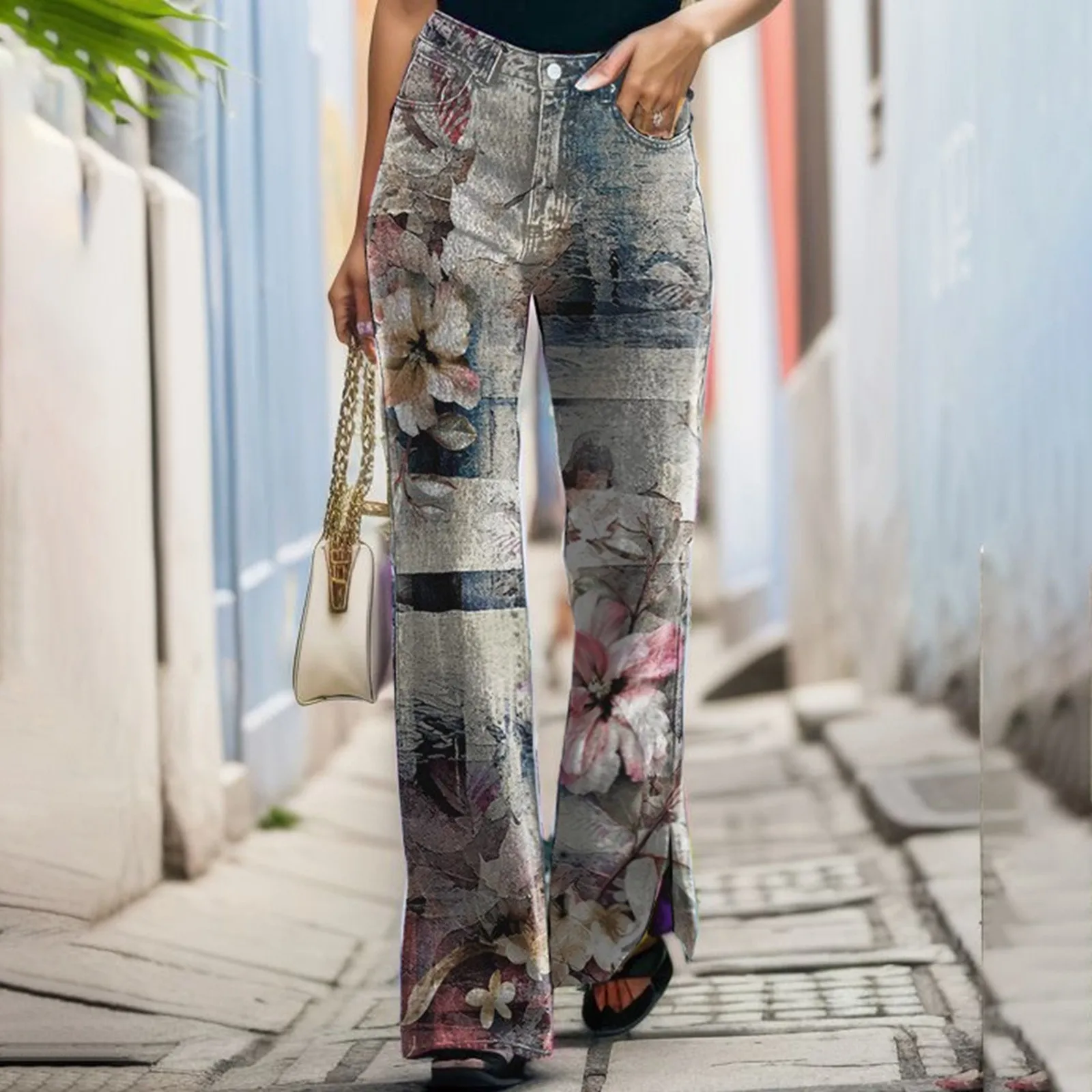 Bright Color Printing Jeans Women Casual Fashion Comfortable Floral Print Split Hem Denim Trousers Plaid Casual Pants For Women