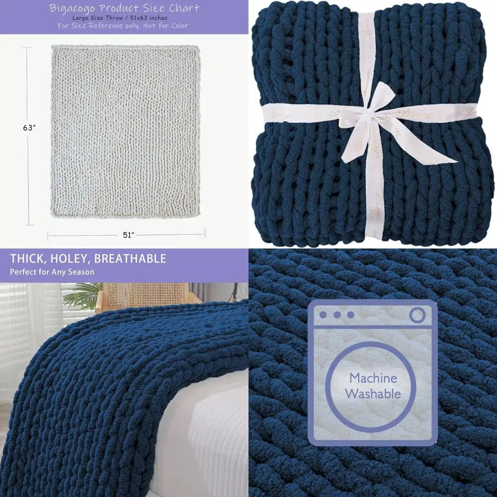 

Плед из синели Jumbo ручной работы, 51x63, плюшевая вязка из кабеля, темно-синее одеяло для дивана