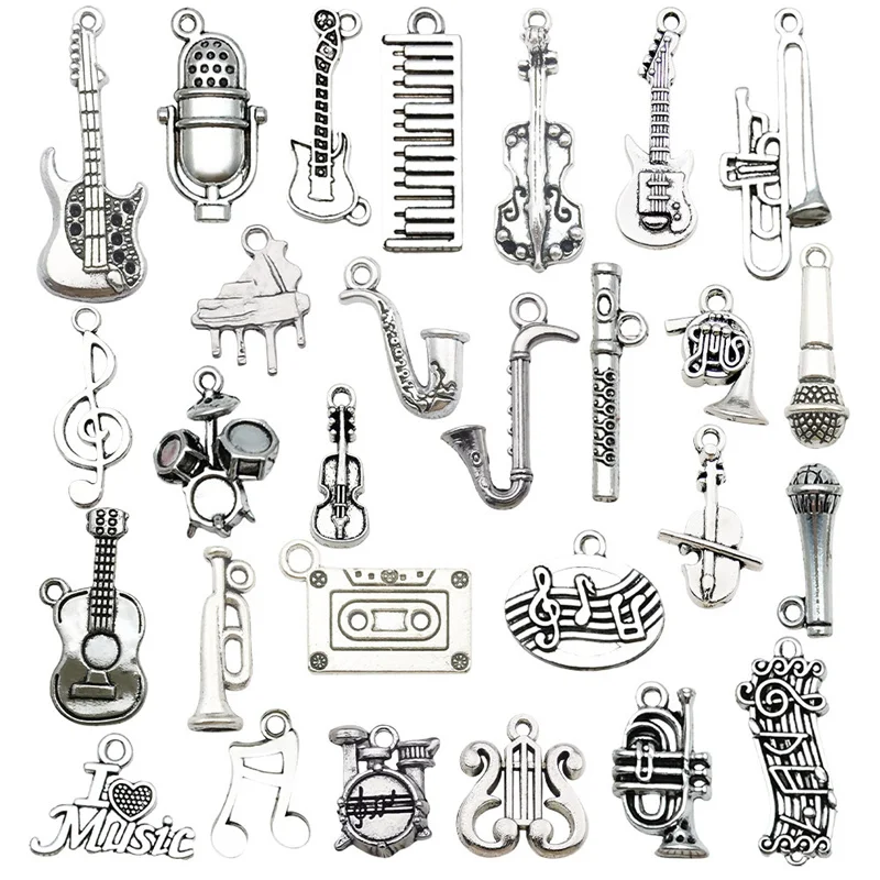30PCS Mixed Styles Alloy Note Saxophone Guitar Piano Microphon Charms For Jewelry Making DIY Handmade Music Equipment Pendant