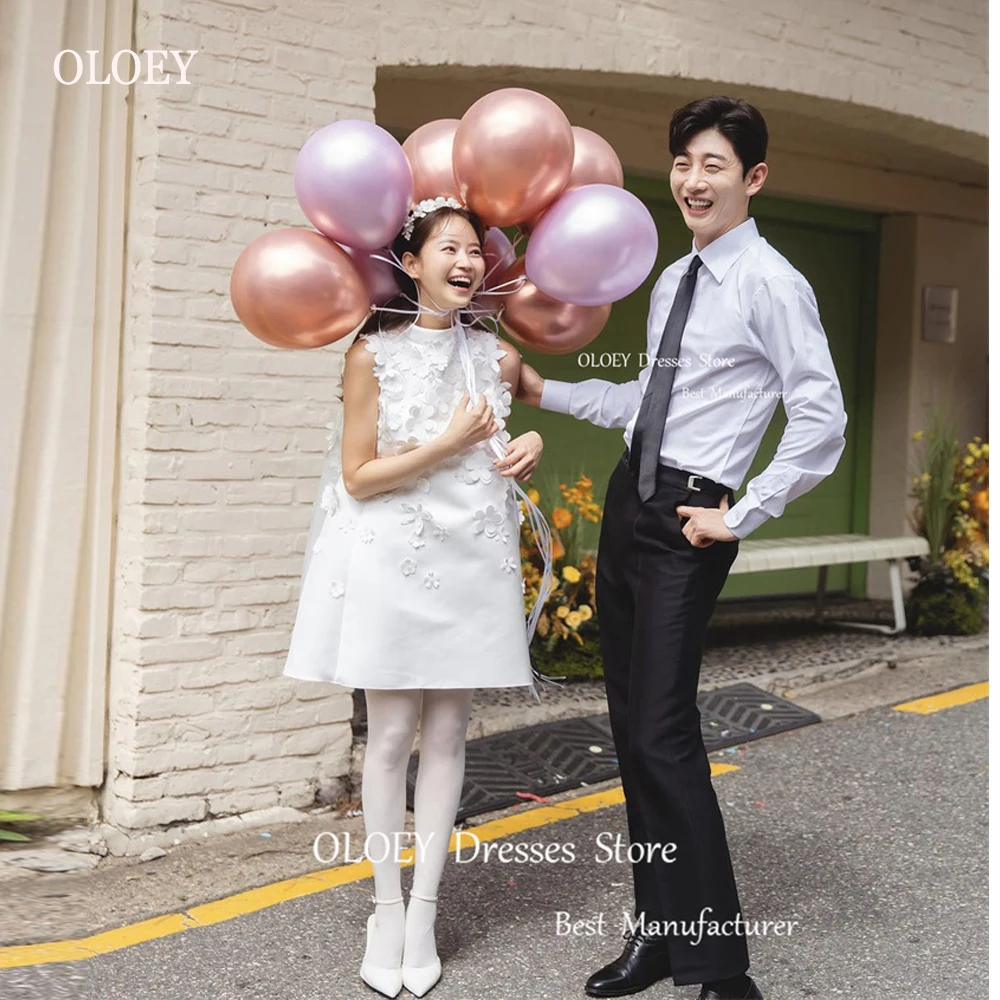 

OLOEY High Neck Short Wedding Party Dresses Korea Photoshoot Satin Straight Mini Vintage Cocktail Birthday Formal Bride Gowns