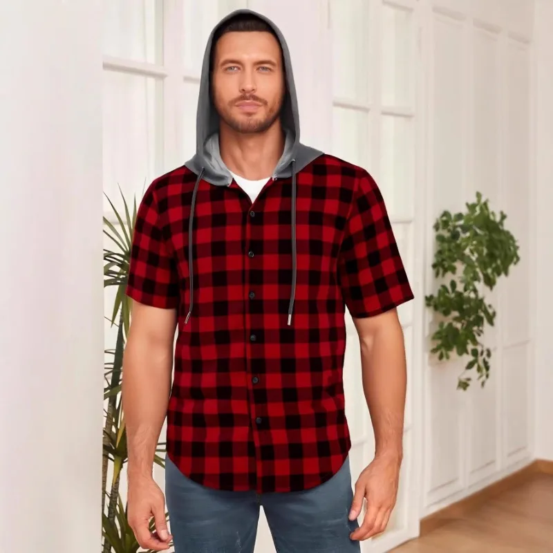 Men's Plaid Check Hooded Short Sleeve Shirt Casual Breathable Button Up Top for Daily Wear