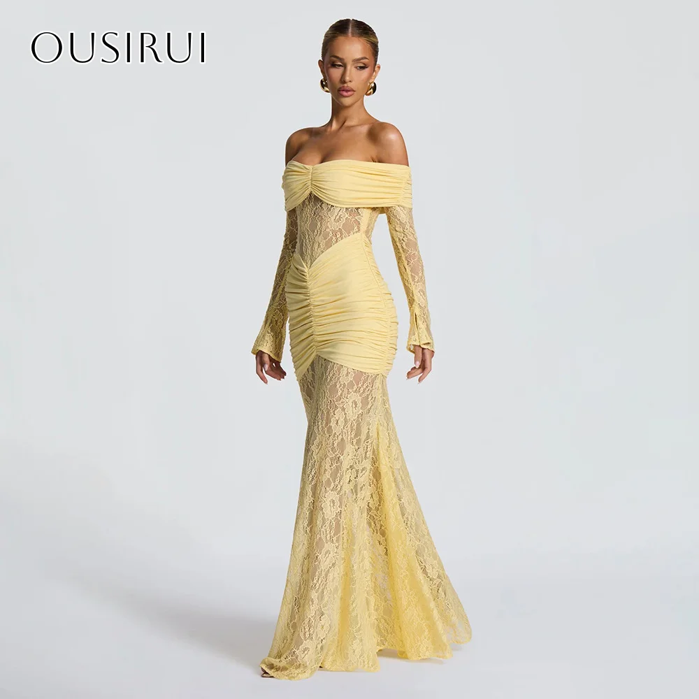 레이스 오프숄더 시스 이브닝 드레스 플리츠 플로어 기장 롱 슬리브 파티 가운