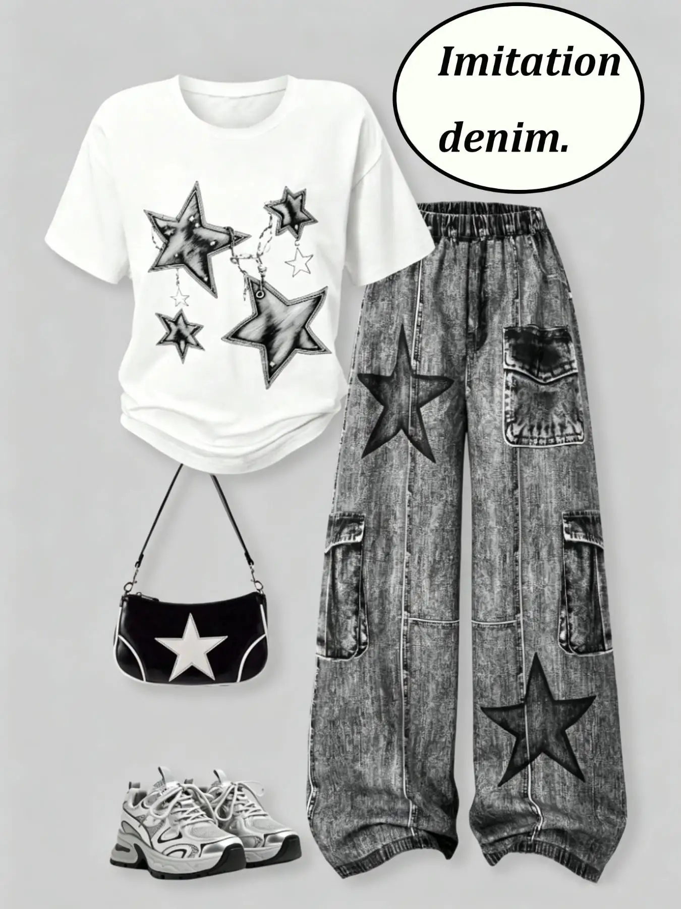 Girls' Summer Casual Outfit: Star-Printed T-Shirt + Faux Denim Cargo Pants Two-Piece Set in White + Gray-Black, Street Style Outfit for Teenagers, Trendy Cool Clothes Suitable for Ages 4-12