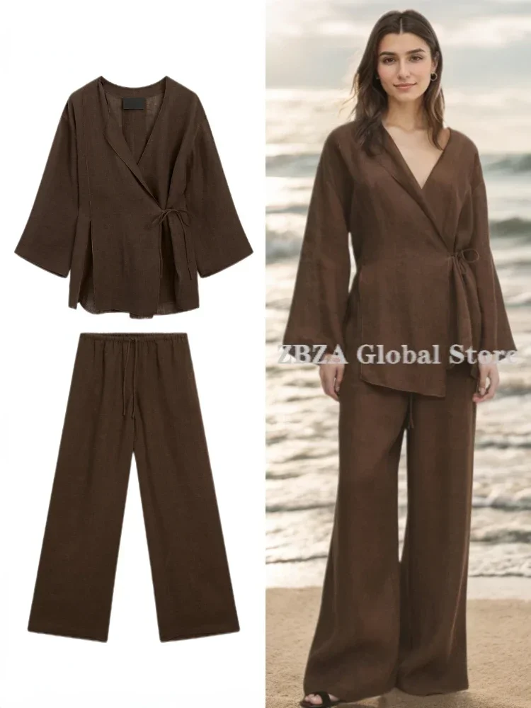 Women\'s Flowing Lace-up Linen Coat Pants Suit Long Sleeve V-neck Wrap Shirt Loose Drawstring Wide Leg Pants Summer Female Outfit