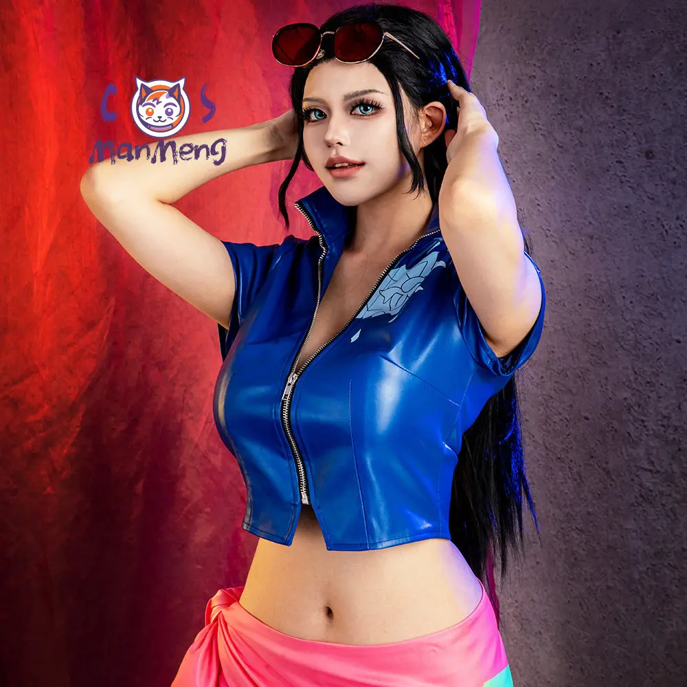 Disfraz de Anime OP Nico Robin, vestido de cuero azul de manga corta, gafas de sol para mujer, uniforme sexy para fiesta de Halloween, hecho a medida