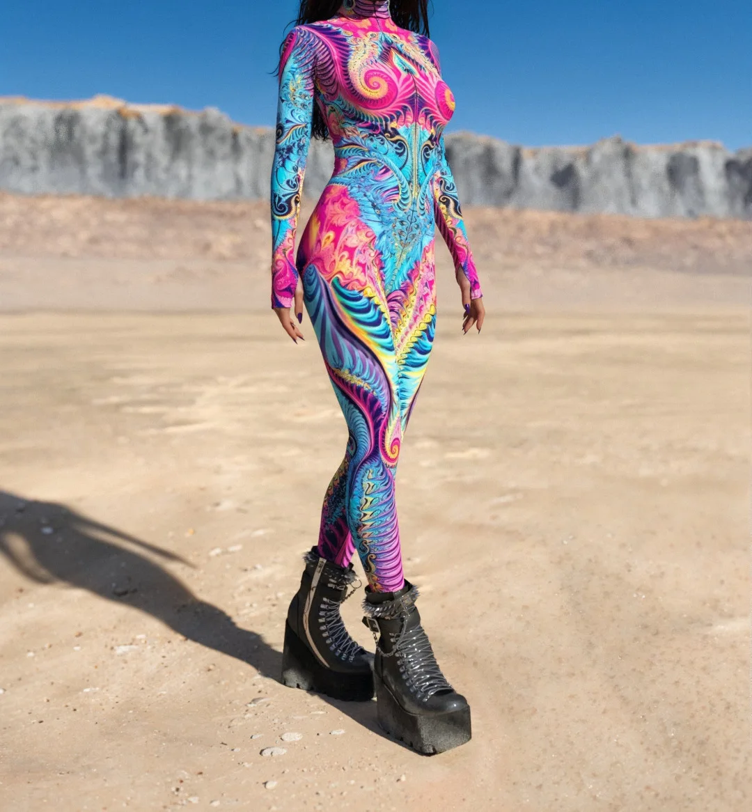 Bunt bedruckter Damen-Jumpsuit für Urlaub und Party, Punk-Zentai, Rave-Outfit, Yoga-Catsuit, Fahrrad- und Halloween-Anzug – Detail 8