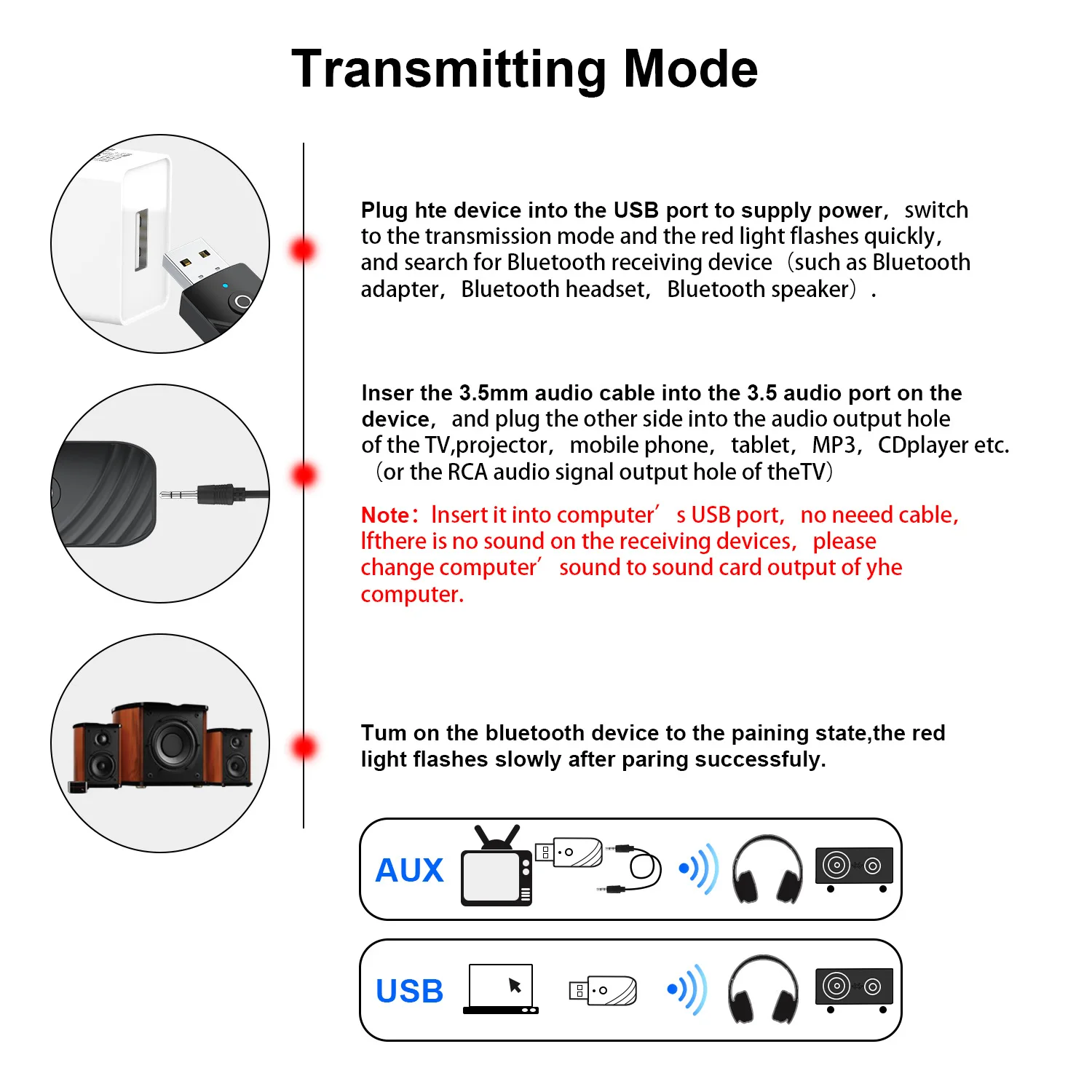 3 في 1 متوافق مع بلوتوث 5.0 جهاز إرسال استقبال الصوت محول USB للتلفزيون الكمبيوتر سيارة Aux المتكلم