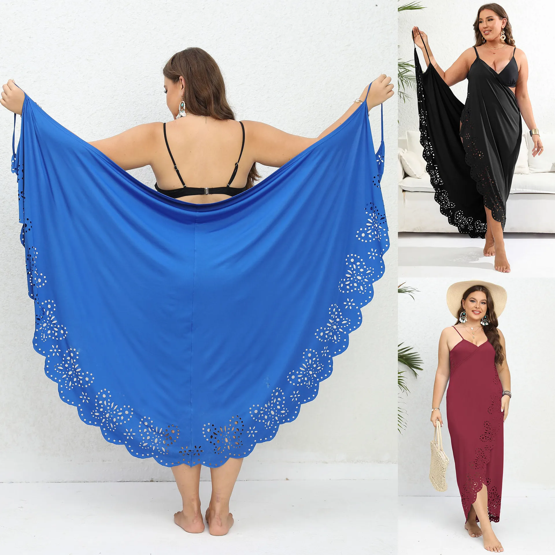 Sukienka na ramiączkach Plus Size zakrywają nieregularne serek z dekoltem w szpic kobiety seksowna elegancka dama sukienki plażowe z odkrytymi