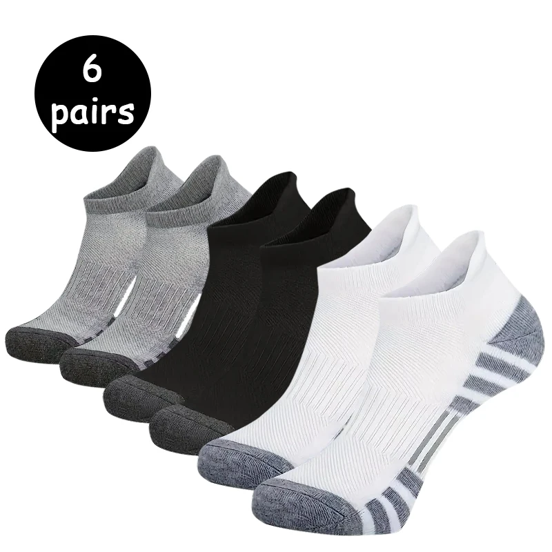 6 Pairs Men Black White Grey Towel Bottom Sweat Absorbent Anti Odor Breathable Non Slip Ear Loop Short Socks For Running Sport