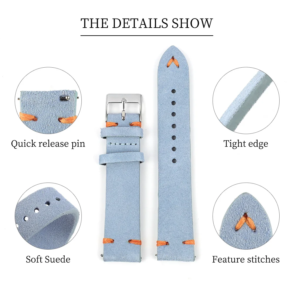 Suede Leather Watch Band 18mm 20mm 22mm 24mm Light Blue Watch Strap Replacement Wristband Handmade Stitching Watchband