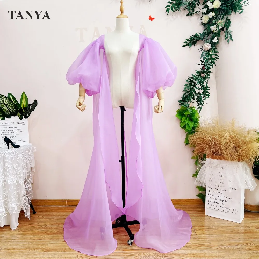 Lavender Long Puffy Sleeves Cape Floor Length A Line Bohemian Elegant Thicj Organza Ruffles Clock New Wedding Long Jackets DJ154