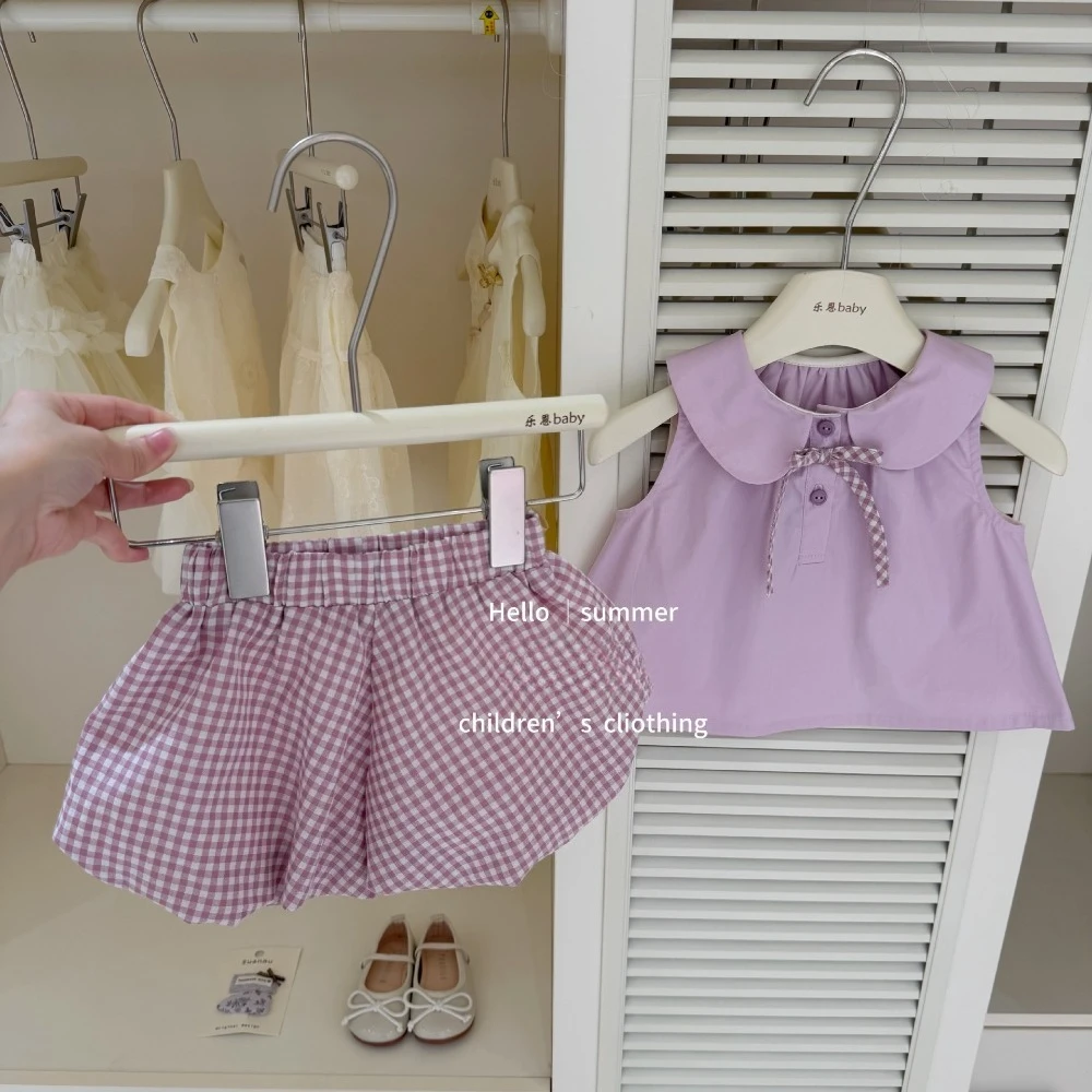 Original Design Girls Summer 2Pcs Outfit, Purple Peter Pan Collar Sleeveless Top + Plaid Bud Shorts Set  for 73-130cm
