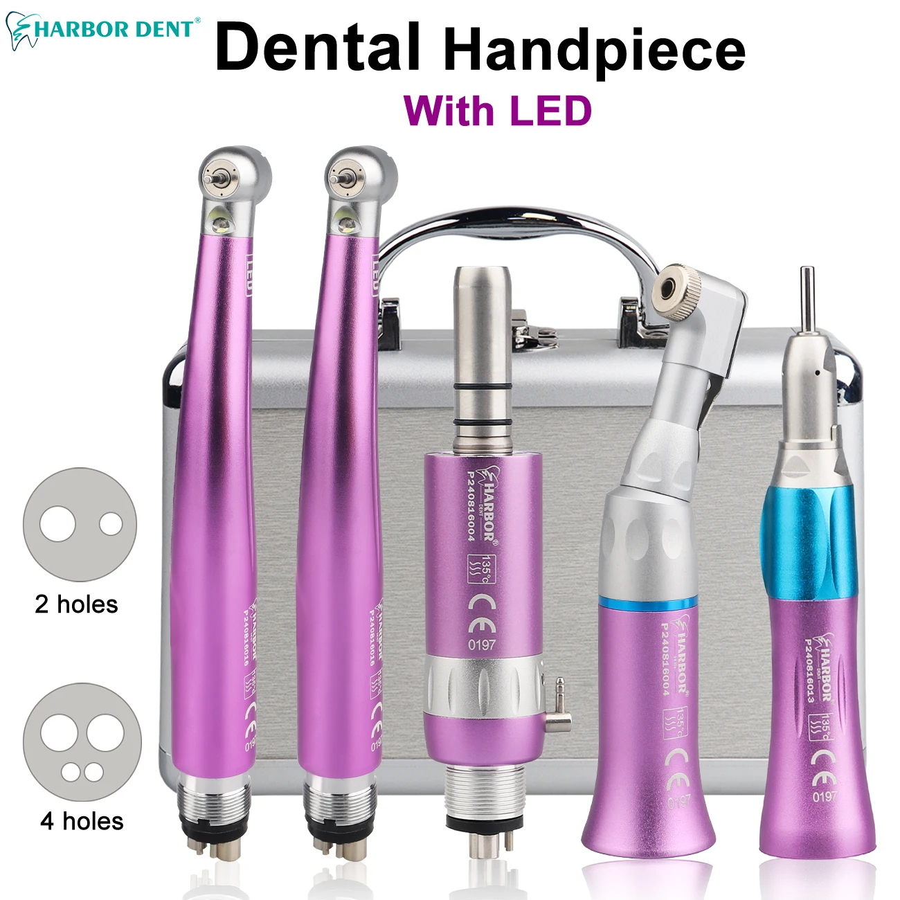 5Pcs/Kit Dental High & Low Speed Handpiece With LED Air Turbine Three Water Spray Straight&Contra Angle&Air Motor 2/4 Holes