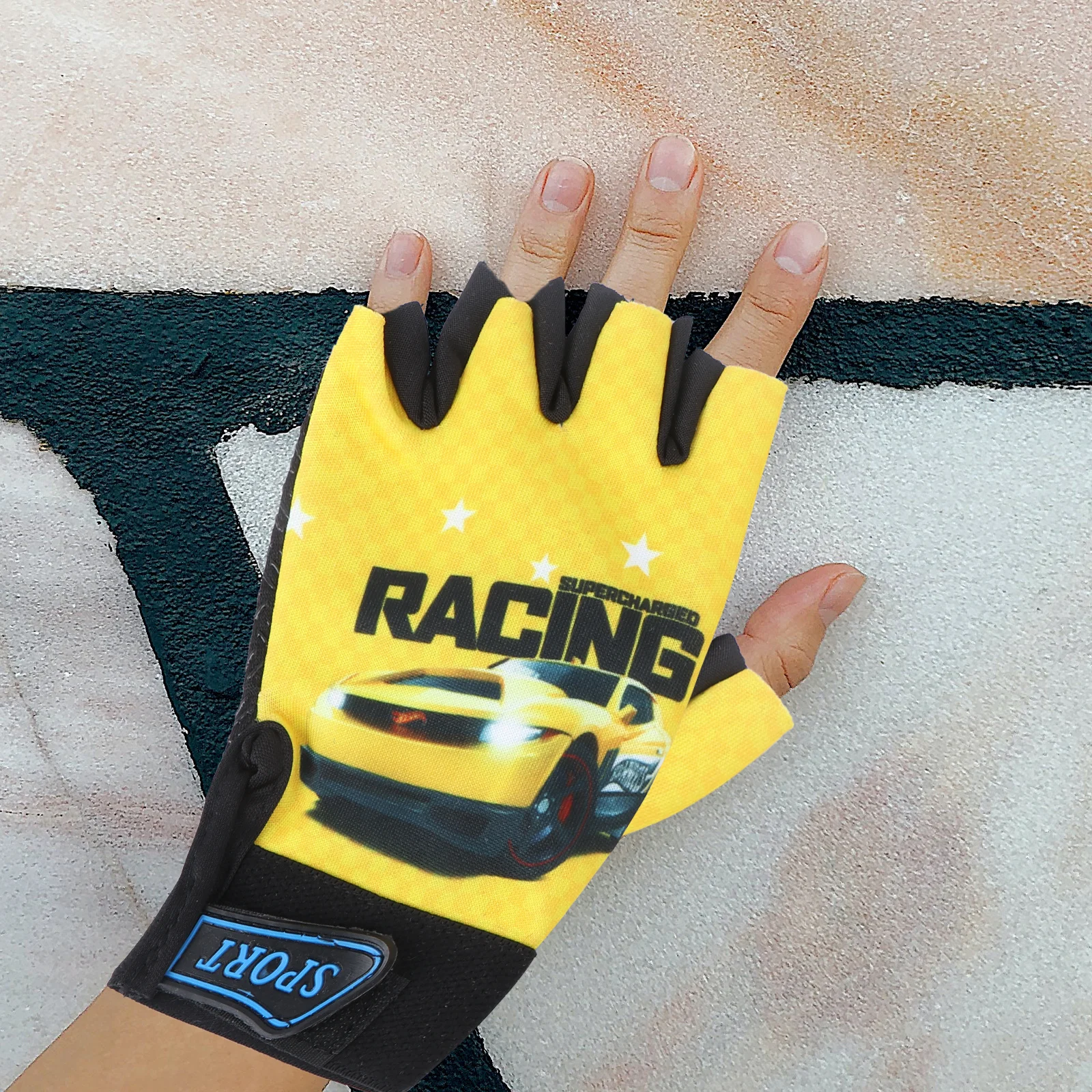 

Half Finger Kids Gloves Yellow Car Pattern Microfiber Palm Waterproof Breathable for Cycling Riding Sports Use
