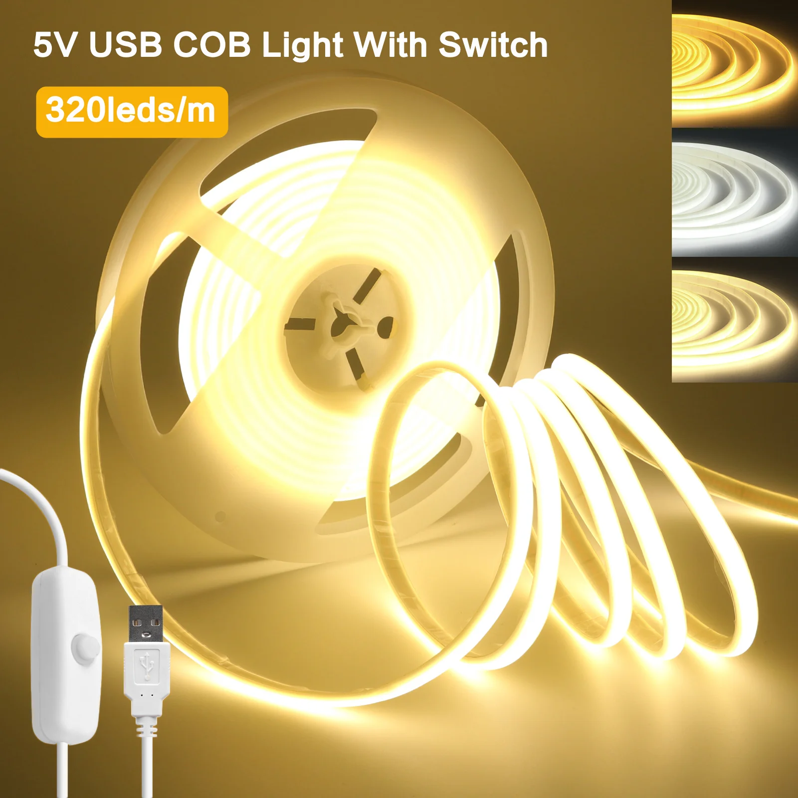 USB COB LED Strip DC5V 320LEDs/M Flexible LED Tape with ON OFF Switch IP67 Waterproof Outdoor Ribbon Rope LED Lights TV Backligh