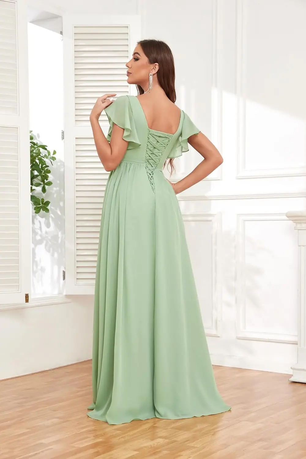 レディース ロングブライズメイドドレス シフォン Vネック スプリット Aライン イブニングドレス タイバック付き ボールルームドレス エレガント フォーマルイブニングドレス