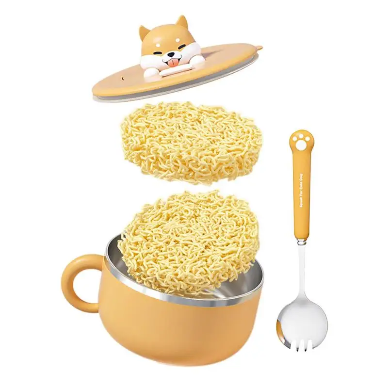 Stainless Steel Instant Noodle Bowl Anti-Scalding Ramen Salad Lunch Box Pancake Shaper Dustproof Cooker Cup With Forks Spoon