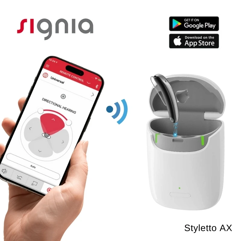 Signia Styletto-Aides auditives étanches IP68, Portée de charge, Bluetooth, Perte auditive douce à sévère