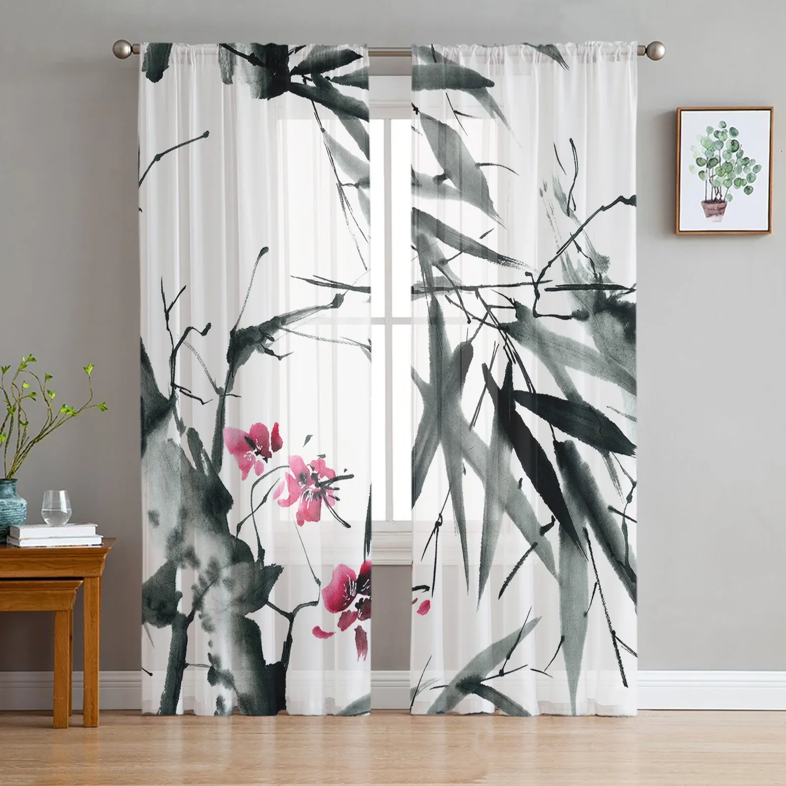 

Bamboo Leaf Flower Petal Branch Tulle Voile Curtains For Bedroom Window Curtain For Living Room Sheer Curtains Organza Drapes