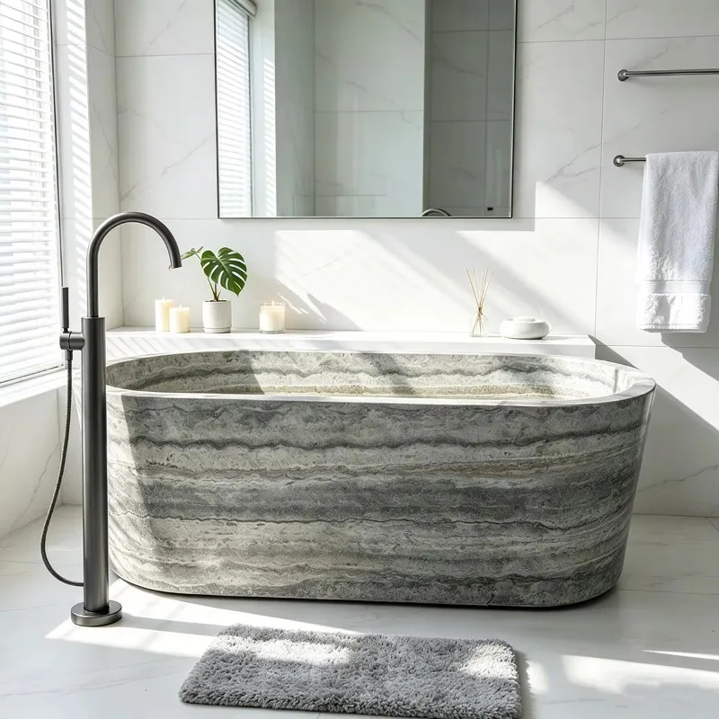 Wholesale Natural Silver Grey Travertine Oval Soaking Stone Bathtub Freestanding Solid Bathroom Bath Tub For Luxury Decoration